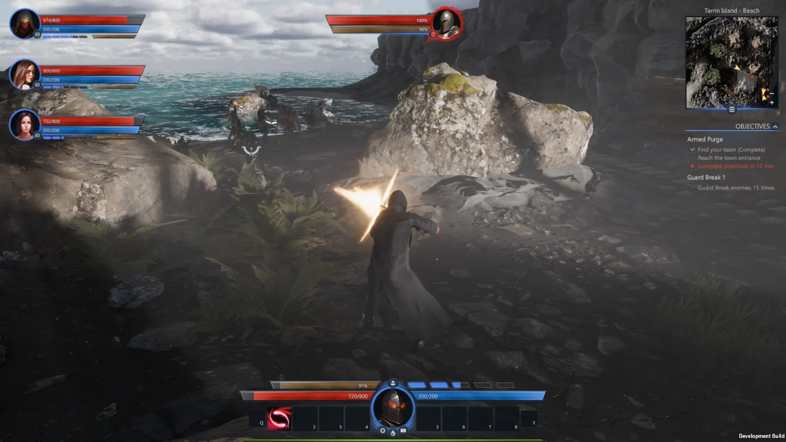 Heroes Raid: a hooded swordsman on a rocky coast, his party shown top left